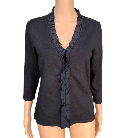 Ann Taylor vintage silk blend shimmery black cardigan hook/eye closure ruffle M - Picture 1 of 7